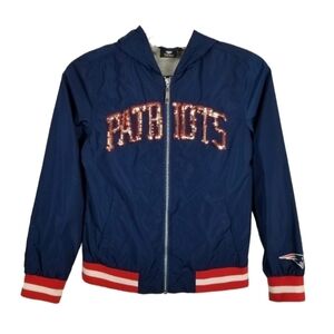 New England Patriots NFL Sequin Spell Out Full Zip Jacket Hood Youth Girls Sz 10